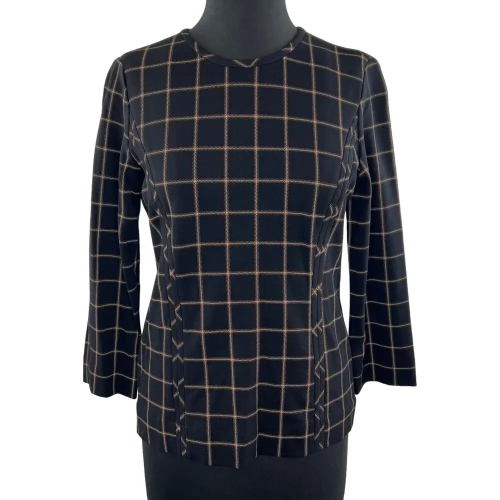 Carlisle Collection Black Brown Window Pane Check Long Sleeve Fitted Blouse Sz 2